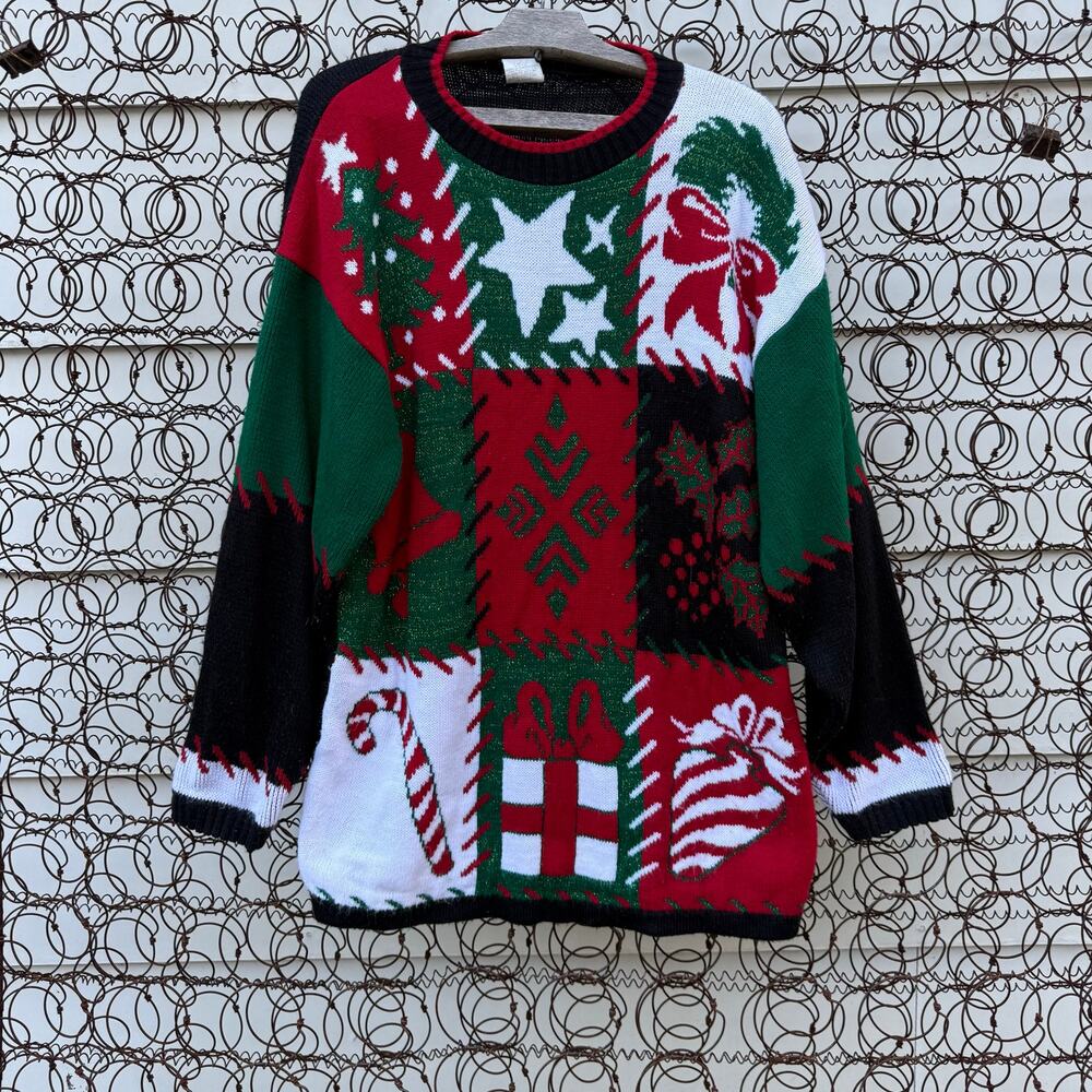 Vintage 90s Holiday Time Christmas Knit Sampler Sweater Tree Candy Cane SMALL